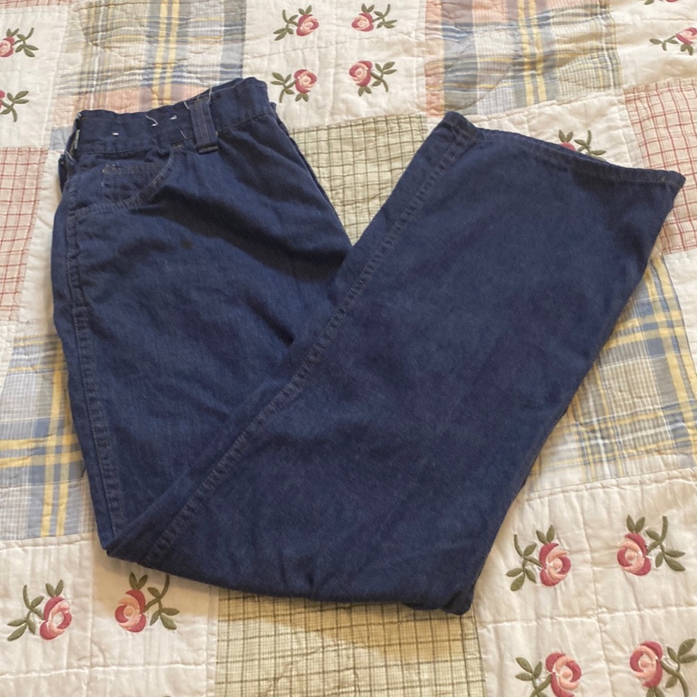 Vintage Kmart Sanforized mens-unisex mid wash bell bottom jeans with zip fly